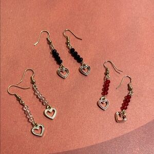Valentines Heart Charm Dangle Earrings Set - Black, Red, Pink